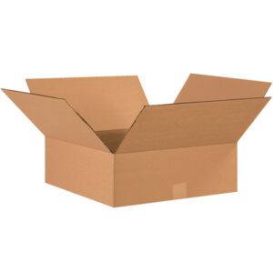 An MH-USA 17 x 17 x 6 flat corrugated box with extended flaps rests against a white background. Sturdy and empty, its perfect for packing or storage, sold in bundles of 20.