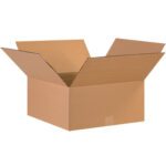 The open MH-USA 17 x 17 x 8 corrugated cardboard box, from a bundle of 20, sits empty with flaps extended against a plain white backdrop, highlighting its sturdy build.