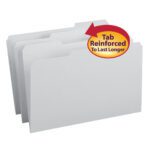 The Smead File Folder, Reinforced 1/3-Cut Tab, Legal Size, in gray (box number 17334), includes a red and yellow Tab Reinforced to Last Longer label and is available in boxes of 100.