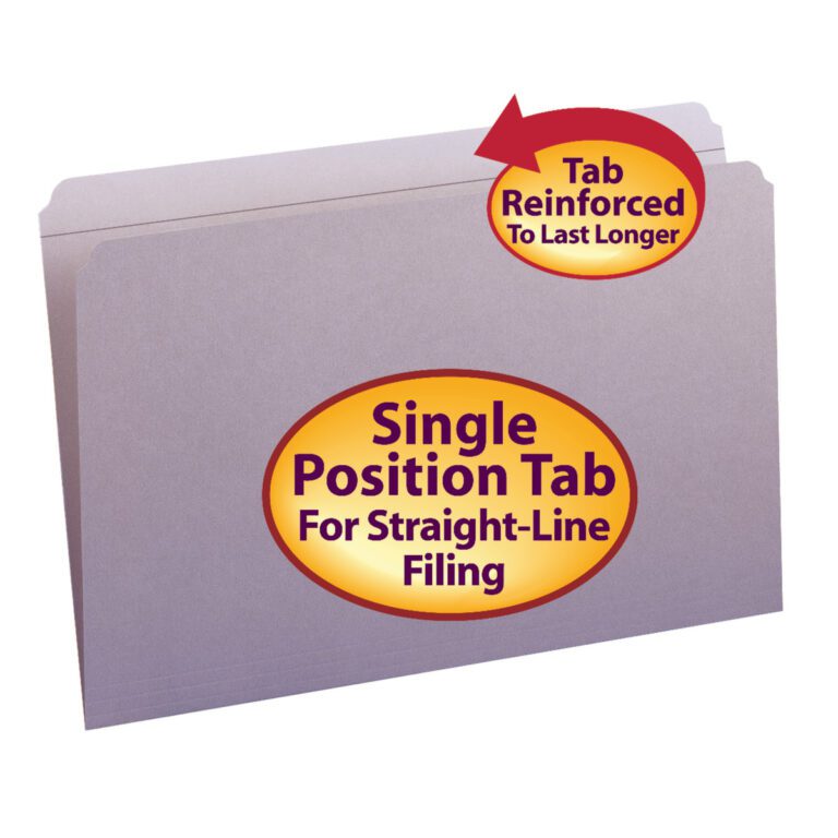 Lavender legal-size Smead file folder with a reinforced straight-cut tab, including a yellow oval Single Position Tab for Straight-Line Filing label and a red arrow label. Ideal for lavender-themed offices; sold as 100 per box (17410).