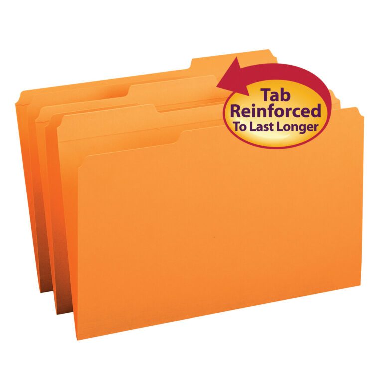 Three Smead File Folders with reinforced 1/3-cut tabs are slightly fanned out, emphasized by a red and yellow label highlighting durability. Ideal for organizing, these orange legal-size folders promise longevity and come in a convenient pack of 100 per Box (17534).