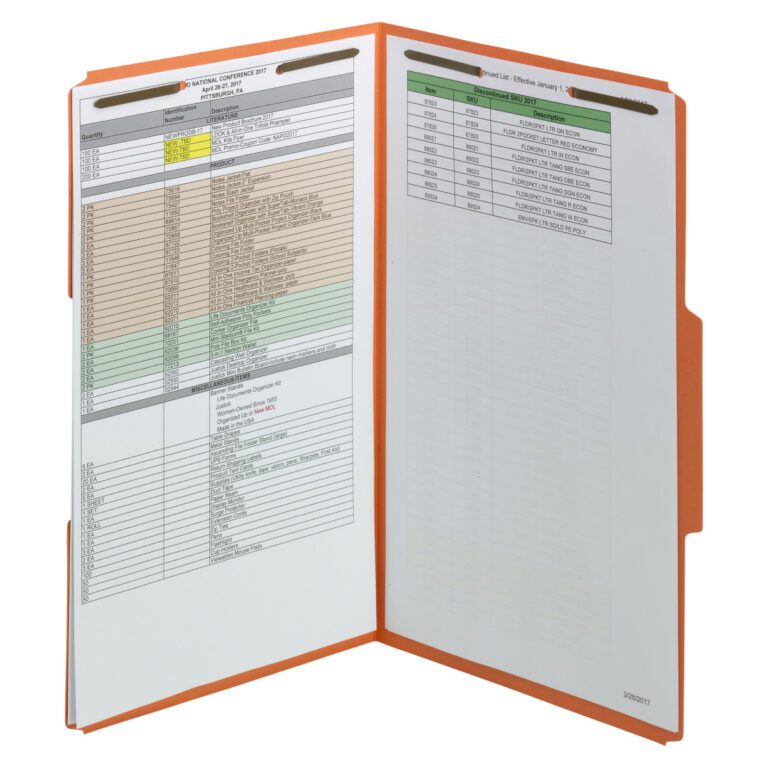 Open a Smead Fastener File Folder (17540) to reveal printed sheets with tables and highlighted lists. The left sheet is held by 2 fasteners, and the right shows a table, all neatly clipped in the vibrant, legal-size orange folder.