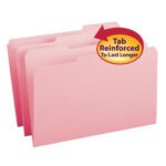 Three Smead pink file folders with reinforced 1/3-cut tabs, legal size (17634), are displayed staggered. One folder has a yellow and red circular label saying Tab Reinforced to Last Longer, ideal for efficient space organization.