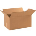 An open, empty MH-USA 17 x 6 x 6 long corrugated box, light brown with extended flaps, is shown against a white background. Available in bundles of 25, its perfect for all your packing needs.