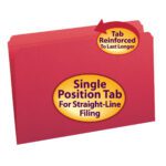 The Smead File Folder, with a reinforced straight-cut tab, ensures durability. A highlighted arrow points to the tab on its legal-sized design, and an oval label promotes its Single Position Tab for Straight-Line Filing. Available in red, packed 100 per box (17710).