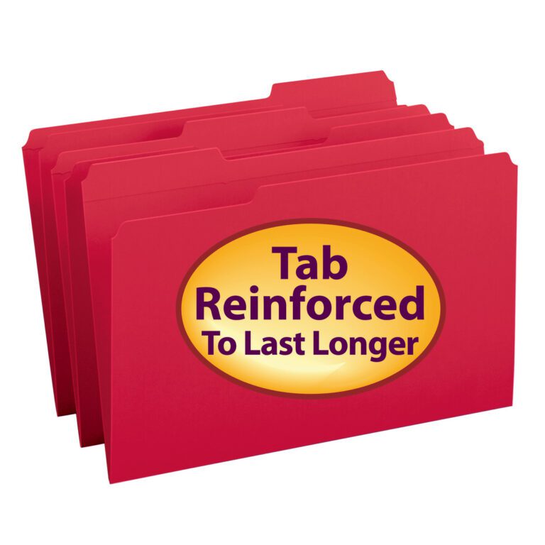 The Smead File Folder, featuring a reinforced 1/3-cut tab with yellow oval labels that promise durability, offers organized longevity. Available in red, legal size, and packed 100 per box (17734).