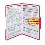 A red Smead Fastener File Folder (Product 17740) reveals two forms inside, secured by its 2 fasteners. The legal-size folder features a tab reinforced for longevity and is marked with a yellow sticker saying, Tab Reinforced To Last Longer.