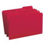 Four Smead File Folders (17743), in vibrant red, with 1/3-cut tabs and legal size, stand vertically staggered against a plain white backdrop.