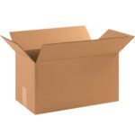 A MH-USA 17 x 7 x 7 Long Corrugated Box from a 25/bundle set stands open, flaps outward against a white background, showcasing its plain brown, utilitarian design and empty interior.