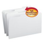 Three white Smead legal-size file folders with reinforced 1/3-cut tabs are showcased. A red and yellow speech bubble reads, Tab Reinforced To Last Longer. These folders are packaged 100 per box (17834).
