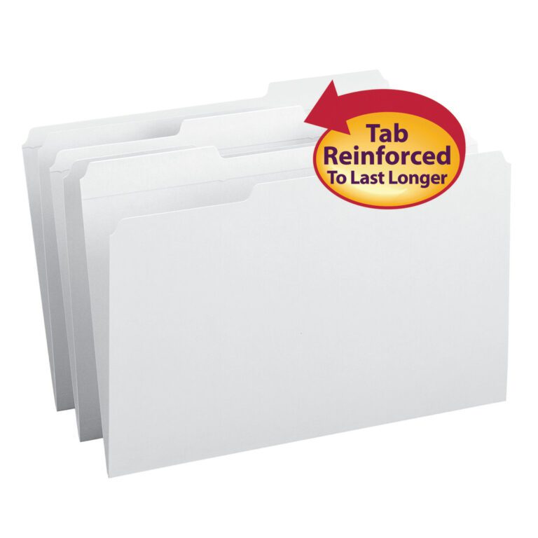 Three white Smead legal-size file folders with reinforced 1/3-cut tabs are showcased. A red and yellow speech bubble reads, Tab Reinforced To Last Longer. These folders are packaged 100 per box (17834).