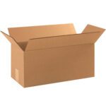 An open, empty MH-USA 17 x 8 x 8 long corrugated cardboard box is displayed with extended flaps against a plain white background. Sold in bundles of 25, this brown rectangular box is ideal for shipping or storage.