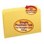 The Smead File Folder in yellow, featuring a reinforced straight-cut tab for durability and single-position tab for straight-line filing, is available in legal size with 100 per box (17910) to ensure ample supply for organized filing.
