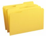 Four yellow Smead File Folders (Reinforced 1/3-Cut Tab, Legal Size) are stacked slightly apart with staggered tabs for labeling, adding organization and style to your workspace.