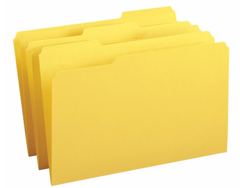17934_C1.jpg Four yellow Smead File Folders (Reinforced 1/3-Cut Tab, Legal Size) are stacked slightly apart with staggered tabs for labeling, adding organization and style to your workspace.