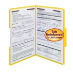 An open yellow Smead Fastener File Folder, legal size (17940), shows neatly organized documents clipped inside. The reinforced 1/3-cut tab sticker states Tab Reinforced To Last Longer, with metal fasteners securing papers at the top.