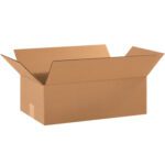 An open MH-USA 18 x 10 x 6 corrugated box with a plain brown finish reveals its interior against a white backdrop, highlighting its rectangular shape and texture. The bundle includes 25 boxes for all your packing needs.