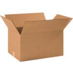 An open, empty plain brown MH-USA 18 1/2 x 12 1/2 x 10 corrugated box with outward flaps rests against a white background.