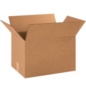 A medium MH-USA 18 x 12 x 12 Corrugated Box from a bundle of 25, with its top flaps open, sits empty against a plain white background.