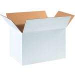 The open MH-USA 18 x 12 x 12 white corrugated box (available in bundles of 25) sits empty with brown interior flaps extended outward against a white background.