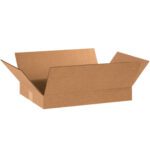 A pristine MH-USA 18 x 12 x 2 flat corrugated box, with flaps spread outward, sits elegantly against a plain white background.