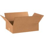 An open MH-USA 18 x 12 x 5 flat corrugated box with outward flaps sits against a white background, ideal for storage and shipping. Comes in a bundle of 25.