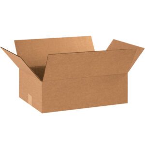 A brown cardboard box, labeled MH-USA 18 x 12 x 6 Flat Corrugated Boxes (25/Bundle), has its flaps extended outward against a plain white background, with shadows adding depth.