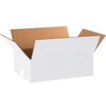 The MH-USA 18 x 12 x 6 white corrugated box displays its durable brown interior with flaps raised, set against a pristine white background.
