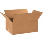 An MH-USA 18 x 12 x 8 corrugated box, part of a bundle of 25, sits empty with flaps open against a plain white background, showcasing its simple design and texture that hint at its reliability.