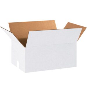 The MH-USA 18 x 12 x 8 white corrugated box, featuring flaps folded outward and a brown interior, is empty on a plain white background. Available in bundles of 25.