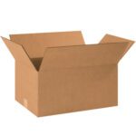 A large, open MH-USA 18 1/2 x 12 1/2 x 9 Corrugated Box is empty against a plain white background, with upright flaps showcasing the practicality of each sturdy box in this 25-piece bundle.