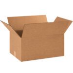 A slightly angled view of an open, empty MH-USA 18 x 12 x 9 corrugated box with flaps extended outward in plain light brown color, typical of the boxes sold as MH-USA 18 x 12 x 9 Corrugated Boxes (25/Bundle).