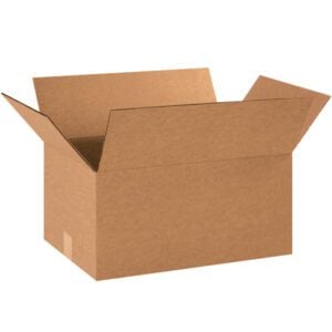 A slightly angled view of an open, empty MH-USA 18 x 12 x 9 corrugated box with flaps extended outward in plain light brown color, typical of the boxes sold as MH-USA 18 x 12 x 9 Corrugated Boxes (25/Bundle).