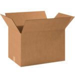 A new, sturdy MH-USA 18 x 13 x 12 corrugated cardboard box with outward-folded flaps is placed on a plain white background, exemplifying reliable packaging solutions.