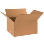 A large MH-USA 18 x 14 x 10 corrugated cardboard box from a bundle of 25, open with flaps spread outward, rests against a plain white background. The empty box is angled to display its depth and dimensions.
.