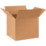 An open, empty MH-USA 18 x 14 x 14 corrugated box with slightly raised flaps is set against a white background, designed for packing or storage, and available in bundles of 20.