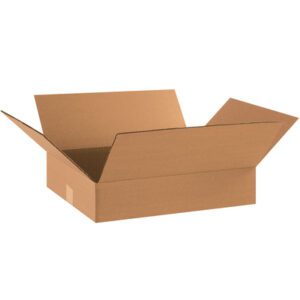A MH-USA 18 x 14 x 4 Flat Corrugated Box with flaps extended outward, set against a white background.