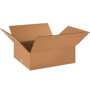 A plain white background showcases an open brown cardboard box with extended flaps, revealing the visible corrugated texture of the MH-USA 18 x 16 x 6 Flat Corrugated Boxes (25/Bundle), which feature a simple and clean design.