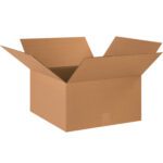 An open MH-USA 18 x 18 x 10 corrugated box from the 20/Bundle, with raised flaps, is displayed against a white backdrop to highlight its durability and design.