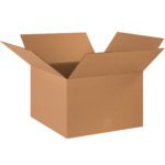 An open, empty MH-USA 18 x 18 x 12 corrugated box with its flaps extended outward is shown against a white background, highlighting its sturdy design.