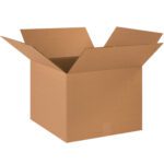 The MH-USA 18 x 18 x 14 Corrugated Box, labeled and part of a 20/bundle, sits open with flaps out against a white background. Its angled to showcase its empty interior and well-defined edges.