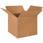 An open MH-USA 18 x 18 x 16 corrugated box with raised flaps, made of sturdy brown material, sits against a white background. Ideal for storage or shipping, it appears empty and is available in bundles of 20.