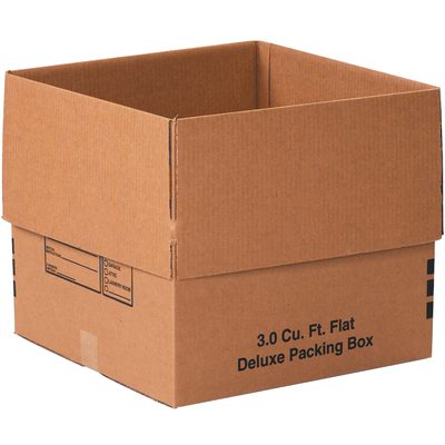 181816DPB.jpg An open, empty large brown cardboard box labeled MH-USA 18 x 18 x 16 Deluxe Packing Boxes (20/Bundle) has checkboxes for contents like kitchen, dining, and bedroom.