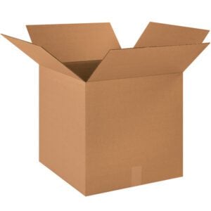 An open, empty MH-USA 18 x 18 x 18 corrugated box with outward flaps against a plain white background.