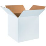 The MH-USA 18 x 18 x 18 white corrugated box, part of a convenient 20-box bundle, stands open with its flaps extended outward against a white backdrop, showcasing its sturdy design.