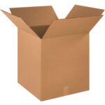 An empty MH-USA 18 x 18 x 20 corrugated box, with flaps extended outward, stands upright against a white background. This durable cardboard container is sold in bundles of 15 and offers ample interior space.