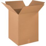 An MH-USA 18 x 18 x 24 corrugated box from the pack of 15 stands upright with its flaps extended and a taped bottom, set against a white background.