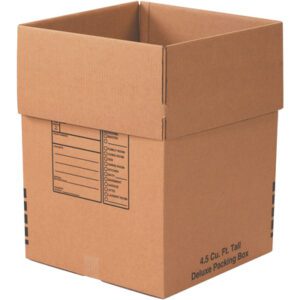 An upright cardboard box with open flaps, labeled as MH-USA 18 x 18 x 24 Deluxe Packing Boxes (15/Bundle), has printed labels and checkboxes for contents and instructions on one side. Its marked as a 4.5 Cu. Ft. Tall Deluxe Packing Box.
