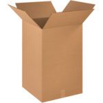 An upright MH-USA 18 x 18 x 28 corrugated box, from a bundle of ten, stands open against a white backdrop. This new, brown box is ideal for storage or shipping.