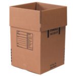 The MH-USA 18 x 18 x 28 Dish Pack Boxes (5/Bundle) are tall, open cardboard boxes with Fragile and This Side Up labels, ideal for packing or storing valuables.